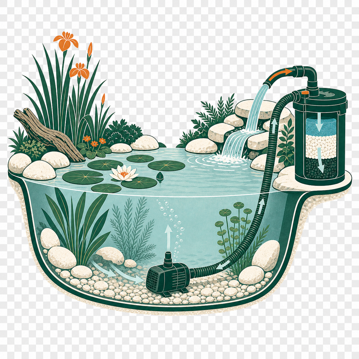 Cutaway illustration showing a pond pump feeding an external filter and returning clean water through a cascade